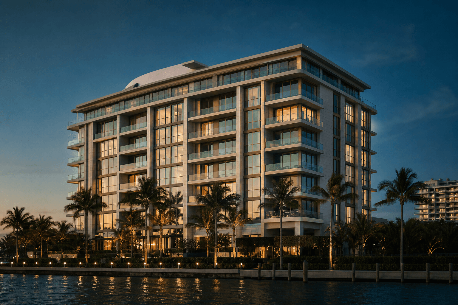 Contemporary South Florida condominium beside the water at dusk
