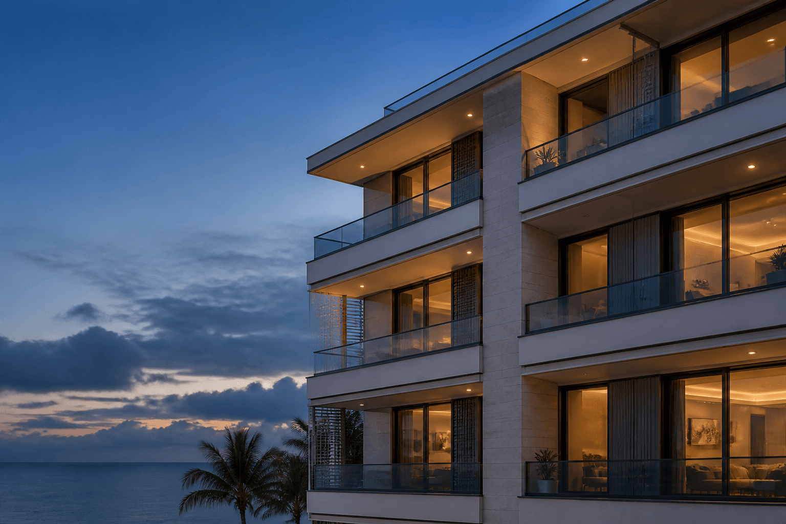 Contemporary South Florida condominium balconies and limestone walls illuminated at blue hour