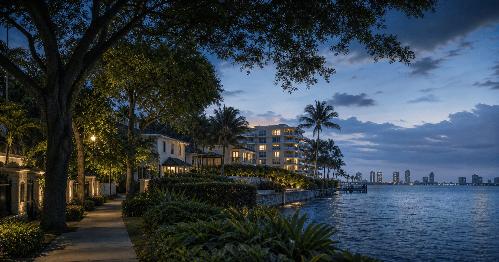 Fictional South Florida waterfront neighborhood with mature trees and varied residences at blue hour