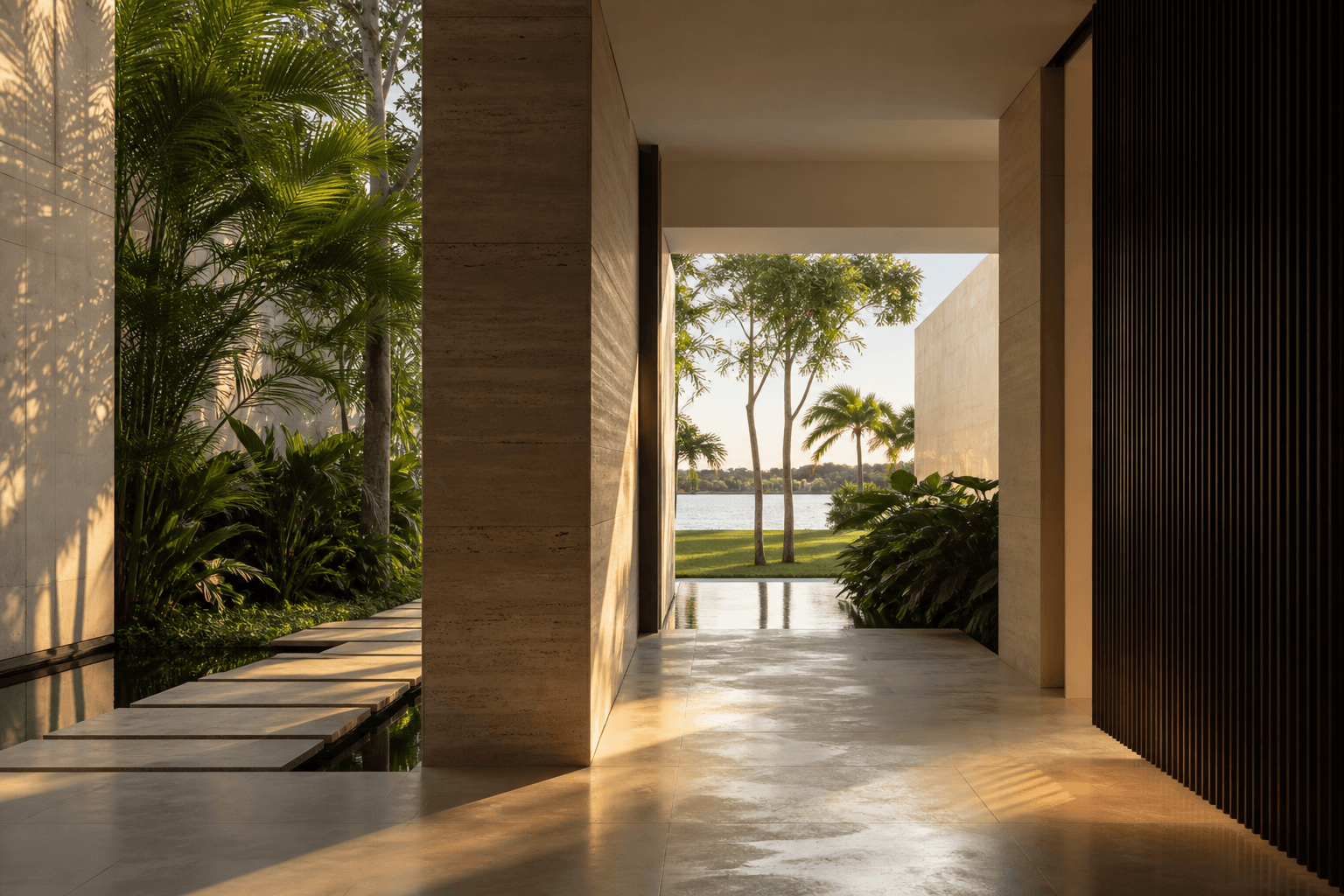 A quiet limestone passage opening toward a South Florida garden and water in warm morning light