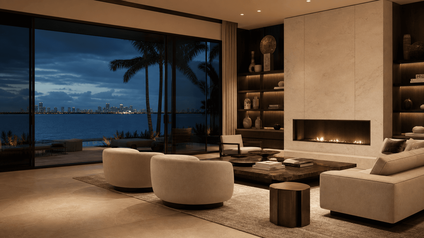 Warm contemporary interior opening to a South Florida terrace at dusk