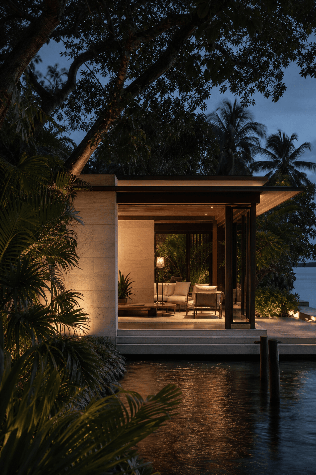 Quiet contemporary pavilion framed by tropical landscaping at dusk