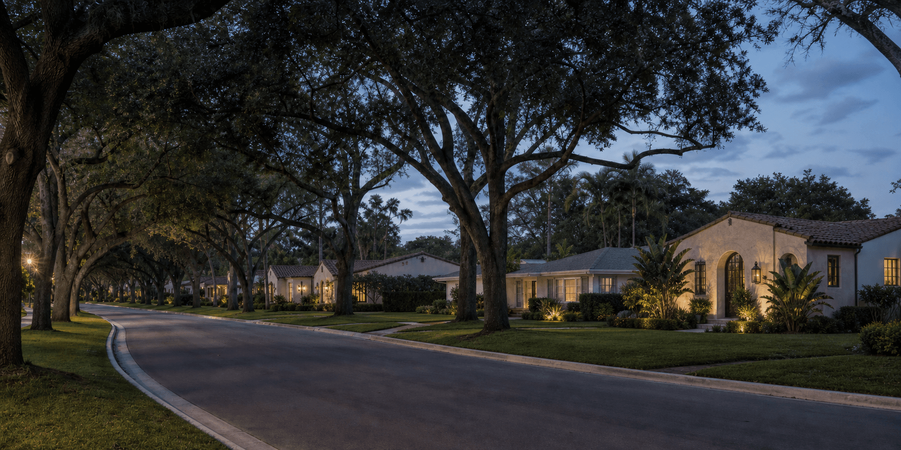 Illustrative Coral Gables avenue with live-oak canopy and varied historic homes at dusk