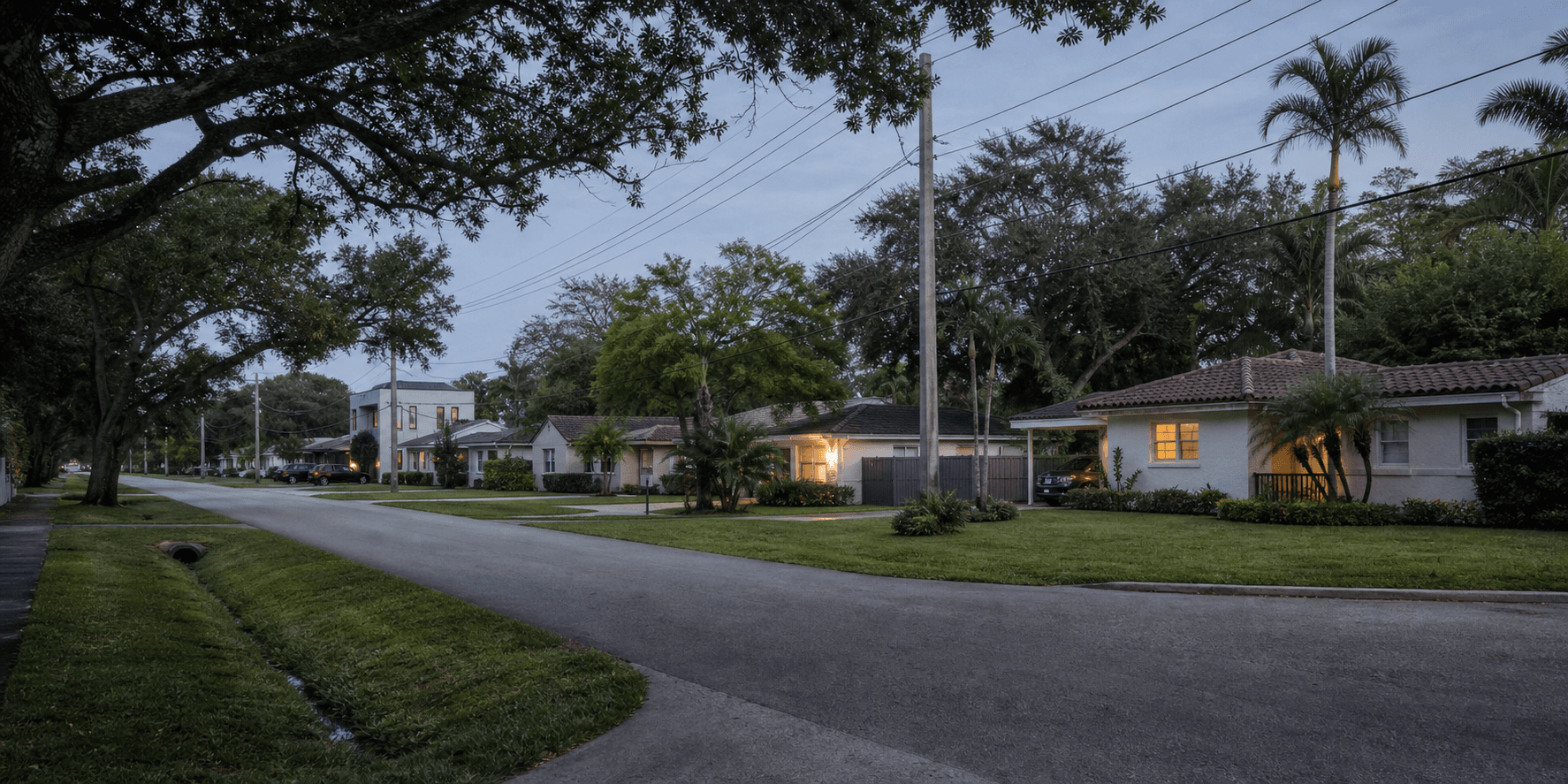 Illustrative South Miami residential street with ranch homes, swales and mature trees at blue hour