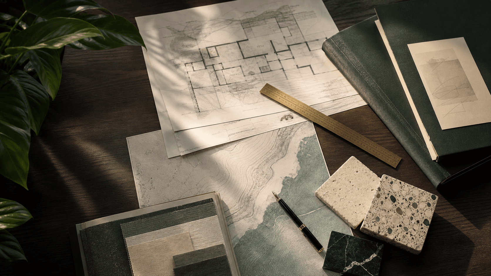 Architectural plans, a coastal contour map and material samples arranged on a dark research table