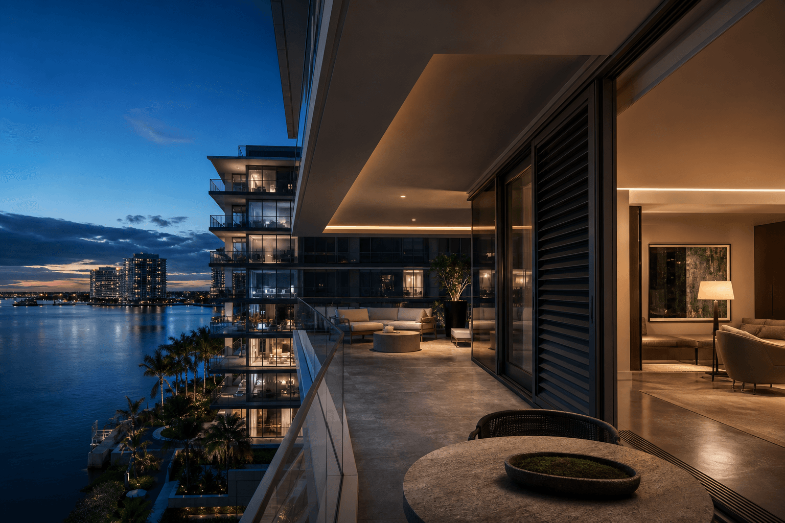 Fictional waterfront condominium terrace with neighboring towers at blue hour