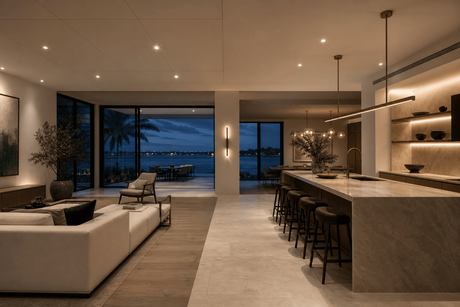 Fictional renovated waterfront residence interior with warm lighting at dusk