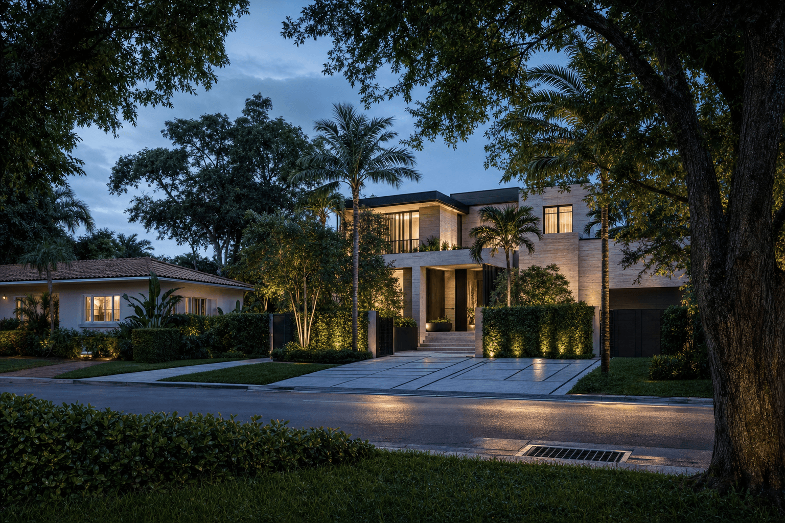 Fictional contemporary South Florida residence within a mature residential streetscape